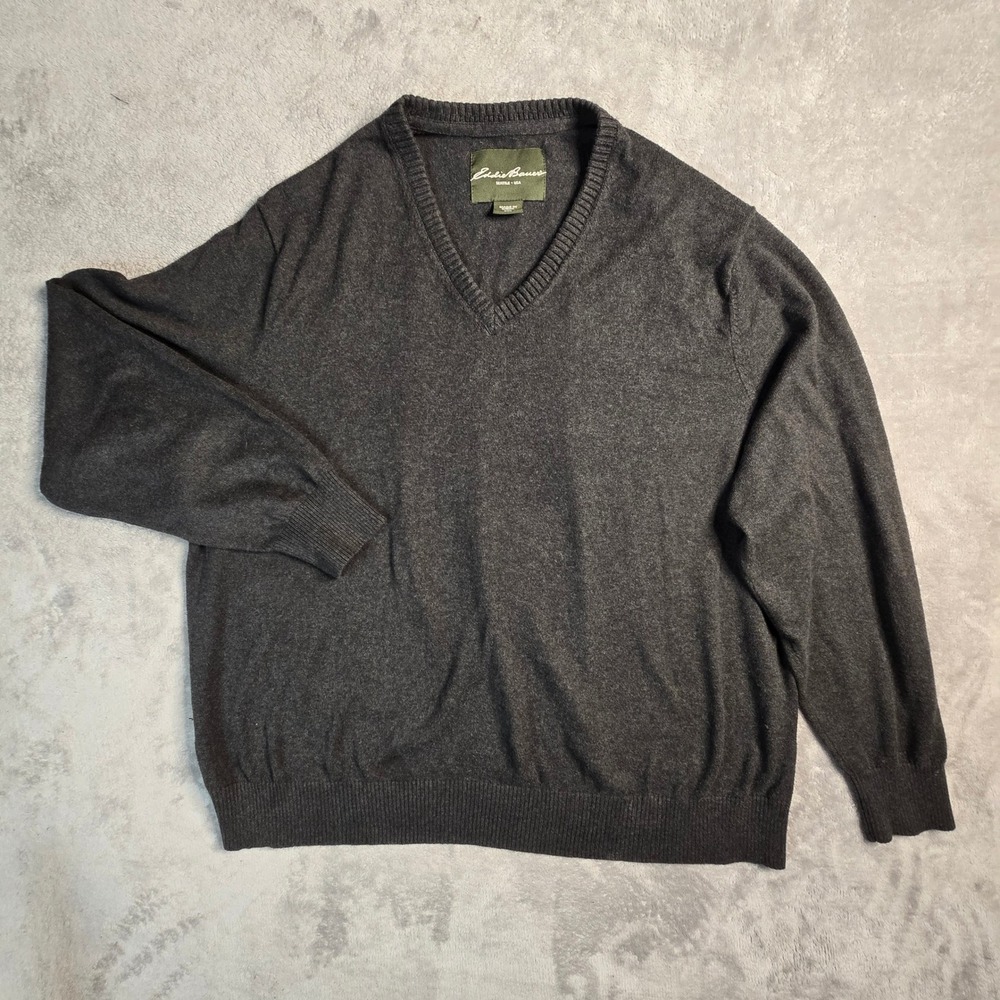 Eddie Bauer V-Neck Sweater Mens XXL Charcoal Grey Cotton Cashmere Classic Preppy